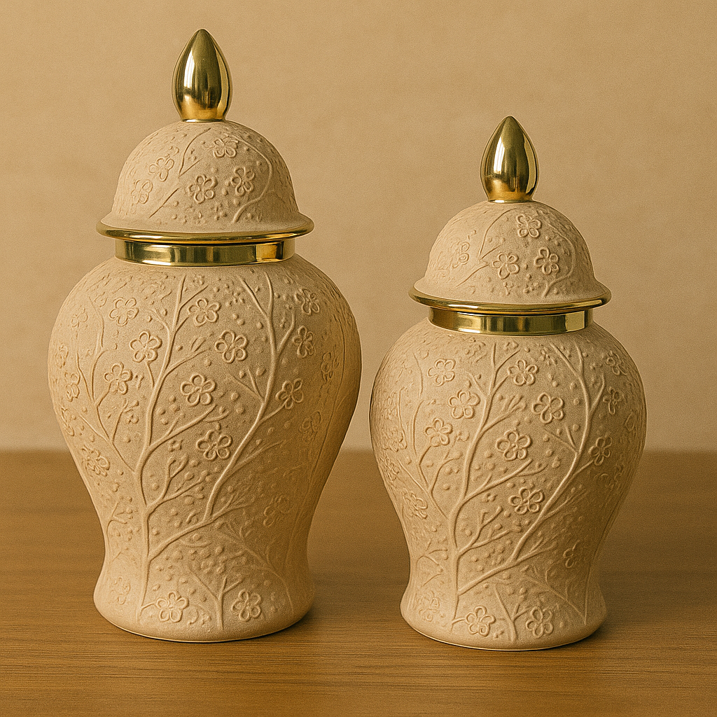 Ánfora Flores Beige Dorado