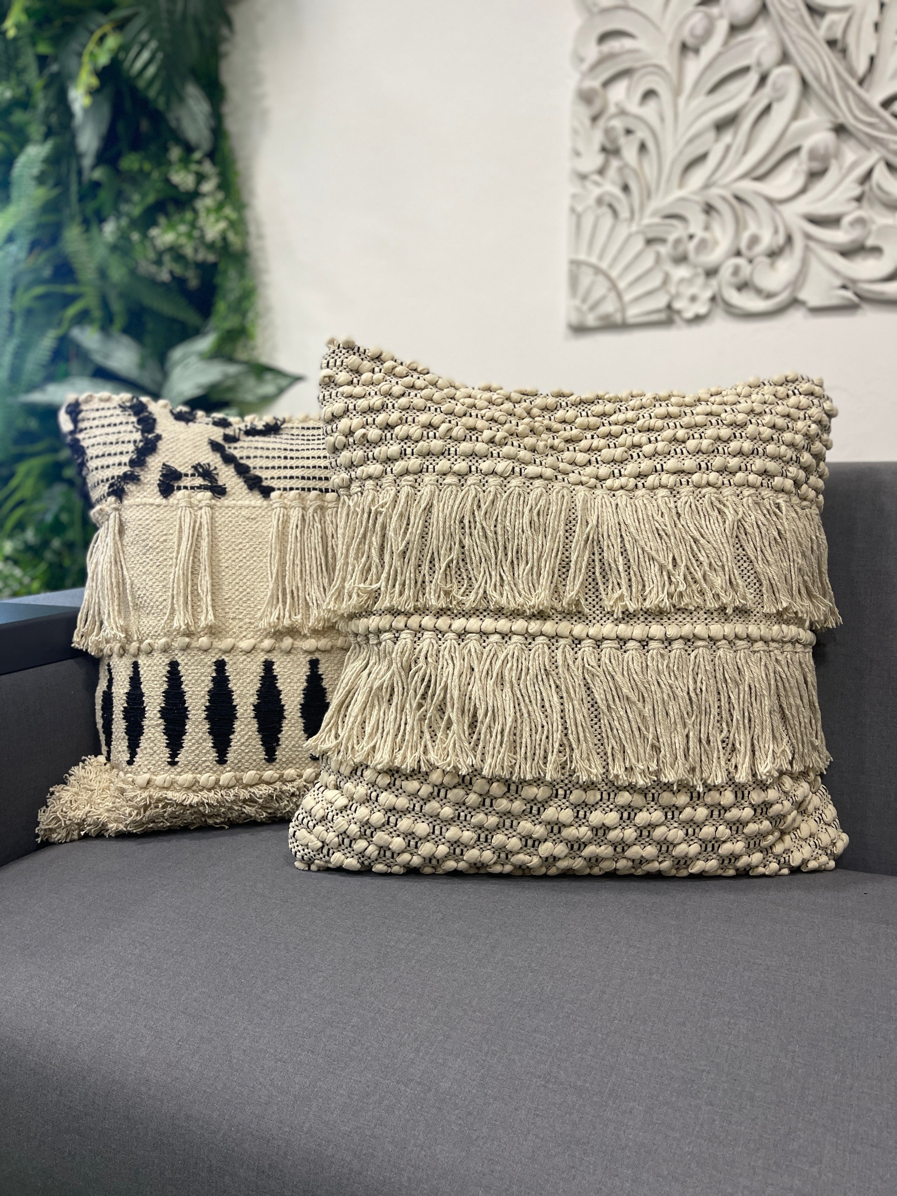 Cojín Macramé Rombos Beige Negro