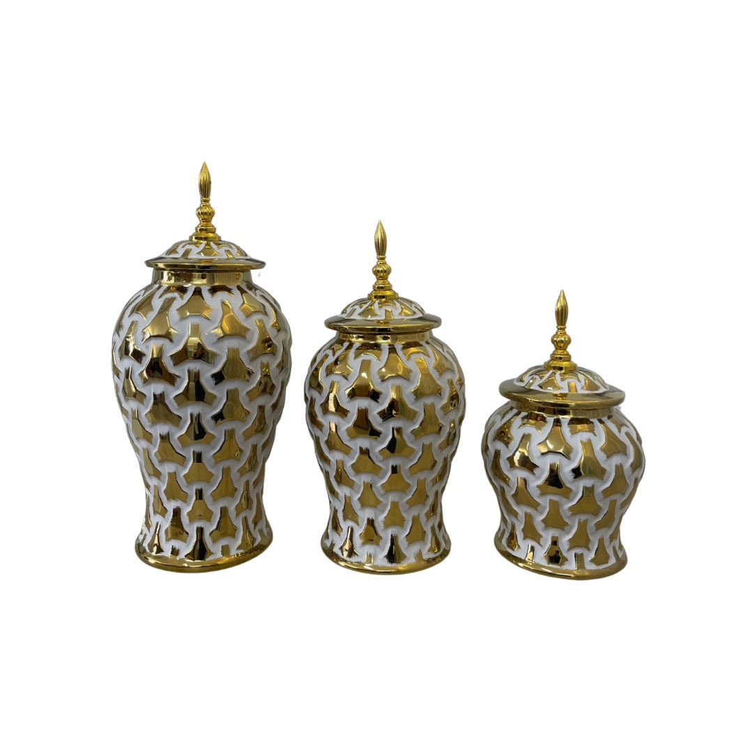 Ánfora Jaspeada Hexágonos Blanco Dorado