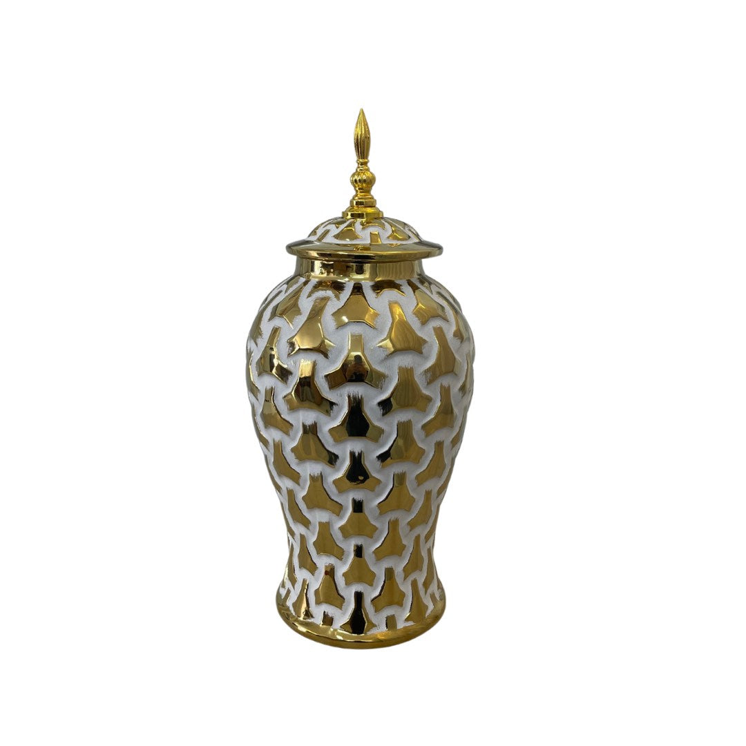 Ánfora Jaspeada Hexágonos Blanco Dorado