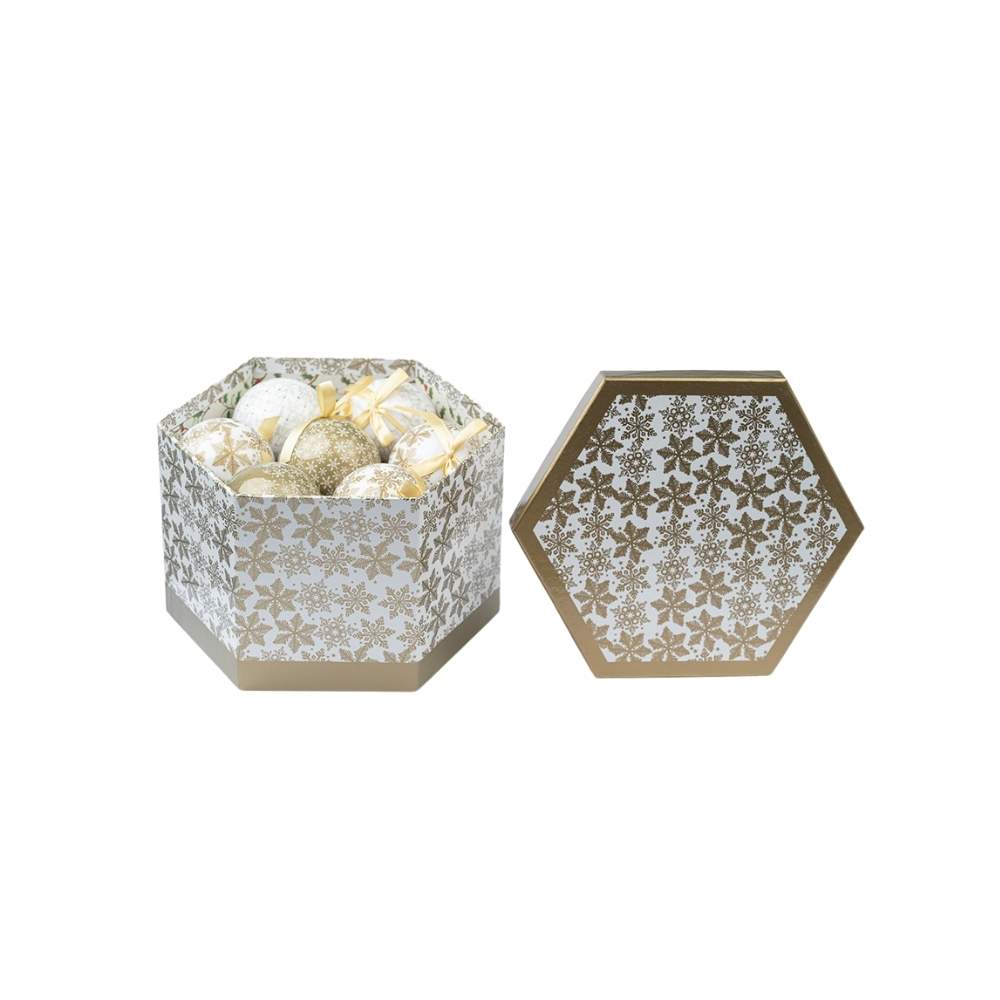 Caja x14 Bolas Snowflake Blanco Dorado