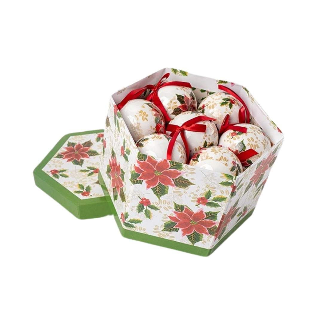Caja x14 Bolas Blanca Roja Poinsetia