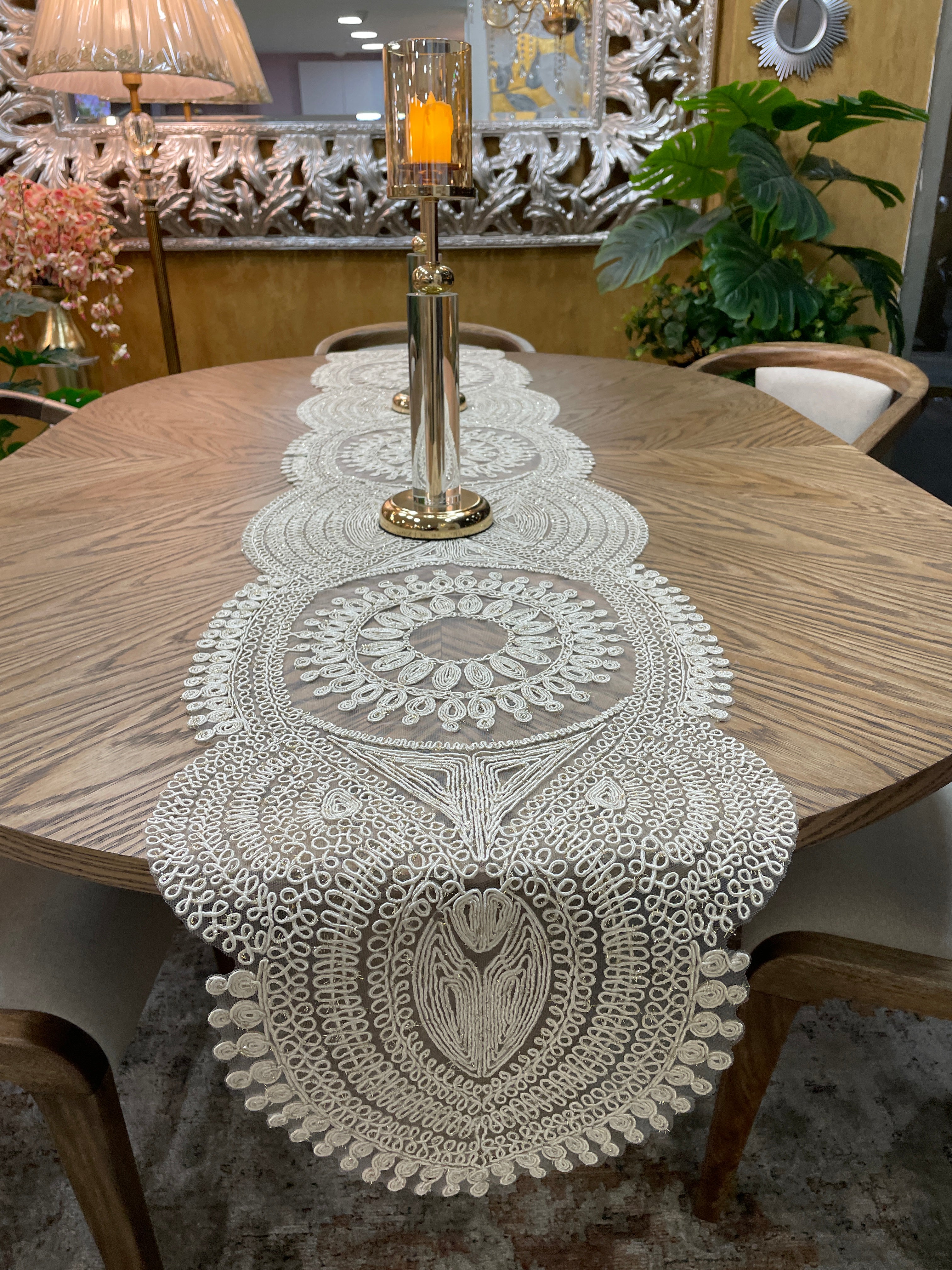 Camino de mesa Organza Bordado Beige