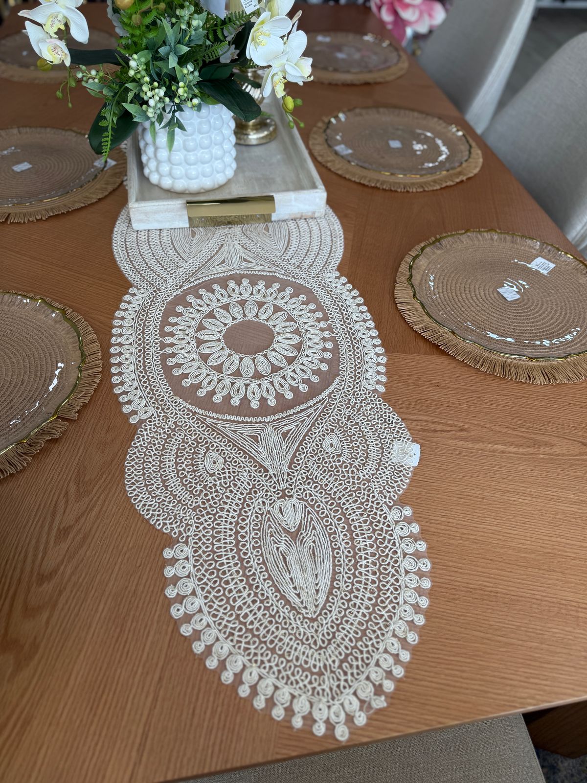 Camino de mesa Organza Bordado Beige