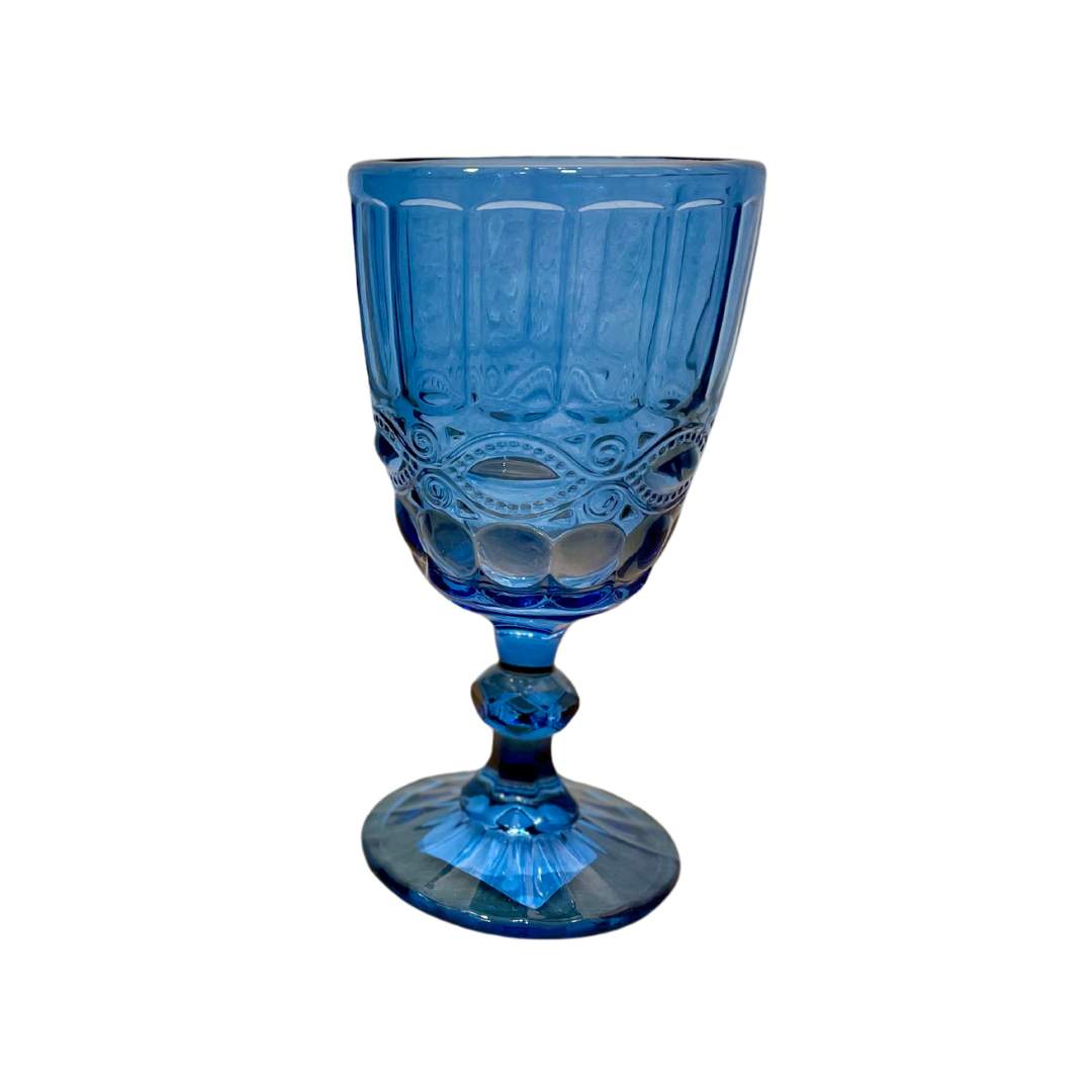 Juego de Vasos y Copas Grabada Azul