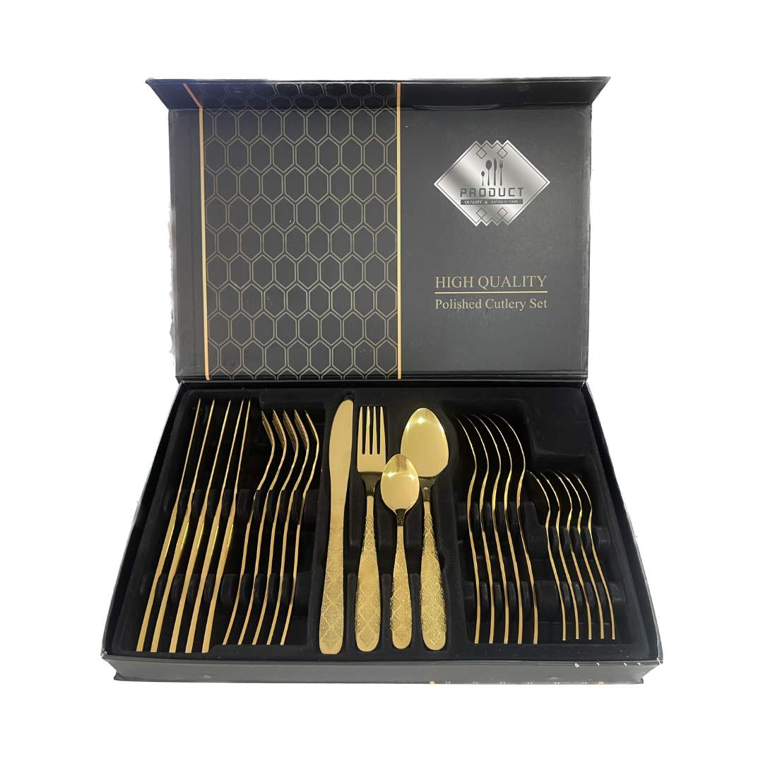 Juego cubiertos dorado grabado – Casa viva