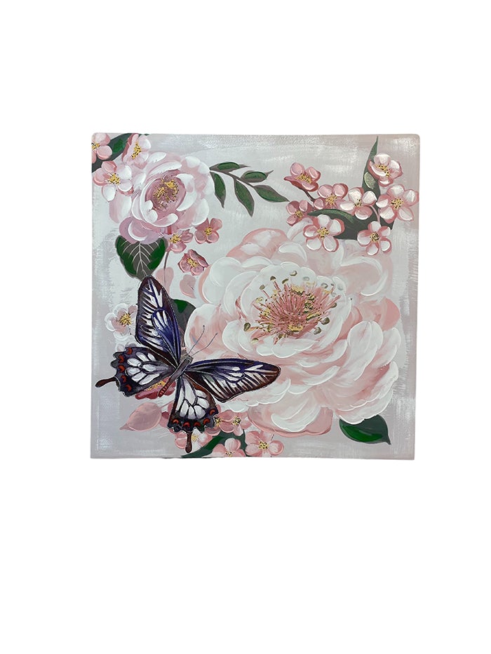 Cuadro peonias mariposa rosa azul