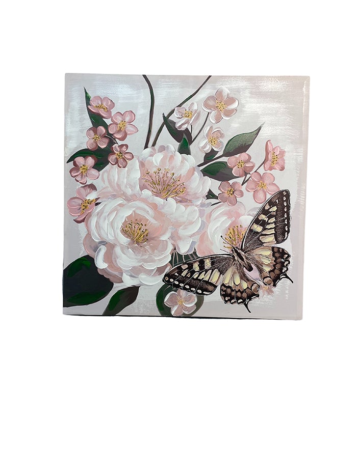 Cuadro peonias mariposa rosa café