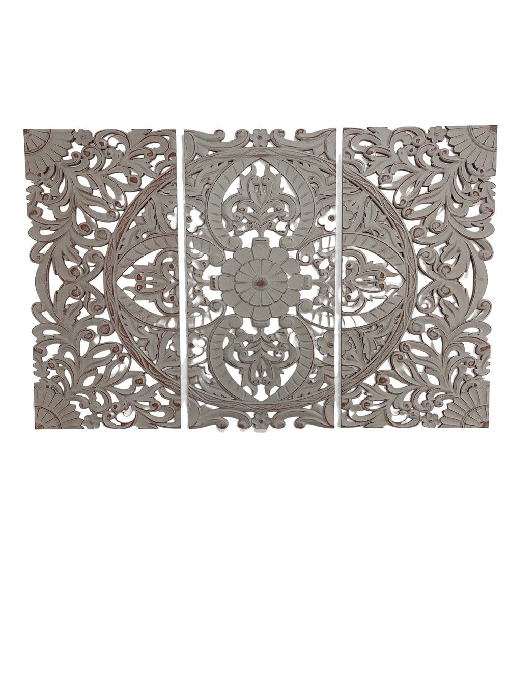 Mandala tríptico girasol borde irregular gris rojo